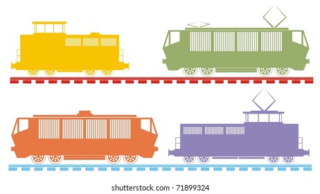 Four different-colored diesel and diesel-electric rail engines isolated on a white background - color vector illustration