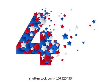 Four digit alphabet character design shaped from flying stars - blue, red, white color. Great design element for Fourth of July USA National Independence Day - Creative vector illustration