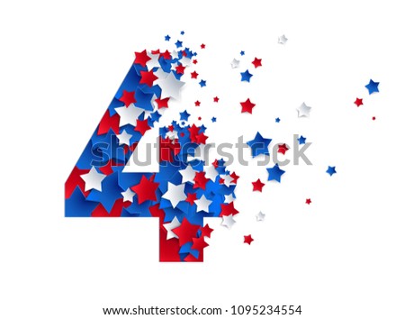 Four digit alphabet character design shaped from flying stars - blue, red, white color. Great design element for Fourth of July USA National Independence Day - Creative vector illustration