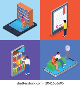 Four digital online library isometric icon set with online bookshelves electronic book couple reads sitting on couch books online vector illustration