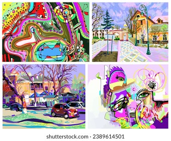 Four digital paintings. Original contemporary artwork, vector illustration.