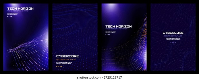 Cuatro fondos de tecnología digital con patrones de puntos abstractos y texto. Diseño de Vector futurista para conceptos de tecnología, datos e innovación.