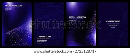 Four digital tech backgrounds with abstract dot patterns and text. Futuristic vector design for technology, data, and innovation concepts.