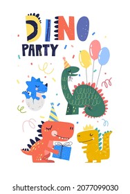 Four Dinosaurios With The Inscription “Dino Party”. Birthday Party Poster Concept. Cartoon Style Hand Drawn Illustration