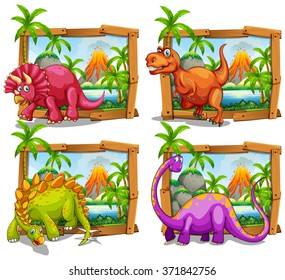 Four dinosaurs in wooden frame illustration