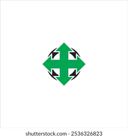 Flecha de cuatro direcciones y logotipo del círculo en colores verde y negro