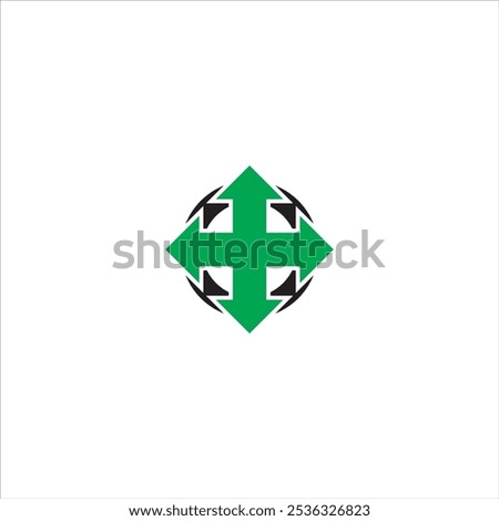 Four direction arrow and circle logo in green and black colors