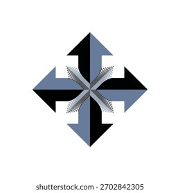 Four directional arrows with converging lines, geometric vector design.