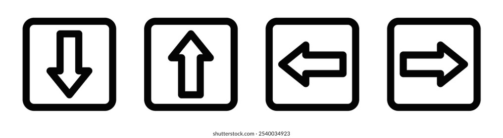 Vier Richtungspfeile innerhalb von Quadraten, die nach unten, oben, links und rechts zeigen. Vektorsymbol-Set. Bearbeitbarer Strich.