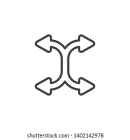 Four directional arrows line icon. linear style sign for mobile concept and web design. Shuffle curved arrows outline vector icon. Symbol, logo illustration. Vector graphics