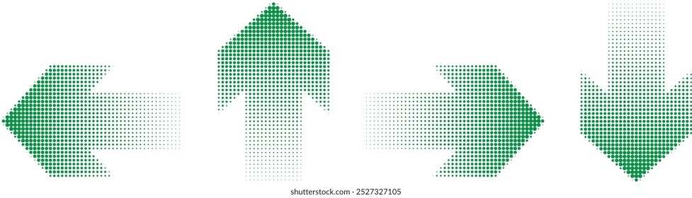 Four directions arrows green halftone icon. Four side arrow icon sign symbol made of retro halftone pattern. Arrows different directions vector icon illustration.