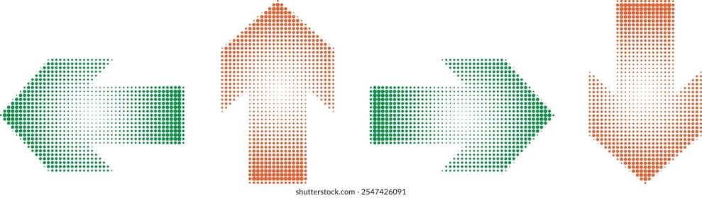 Four directions arrows green orange halftone icon. Four side arrow icon sign symbol made of retro halftone pattern. Arrows different directions vector icon illustration.