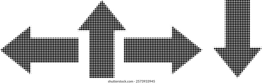 Four directions arrows halftone icon. Four side arrow icon sign symbol made of retro halftone pattern. Arrows different directions vector icon illustration.