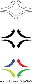 Four Directions Curved Arrow Icon Set: Outward Radial Movement Symbols for Navigation, Flow, and Expansion in Linear, Solid, and Multicolored Styles

Keywords
