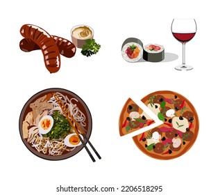 Four dishes set. Sausages, sushi and wine, ramen, pizza. Menu.