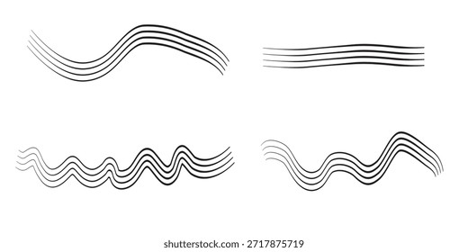 Cuatro Elementos de trazo de pincel abstractos distintos con líneas onduladas paralelas en una paleta de escala de grises, adecuados para superposiciones de Diseño gráfico.