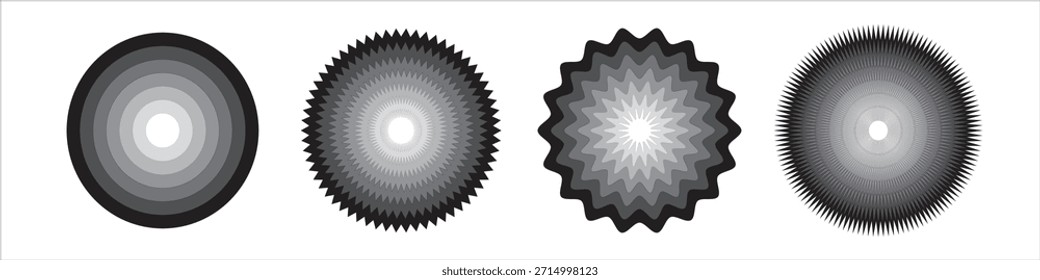 Quatro formas circulares abstratas distintas em tons de cinza, apresentando intrincados desenhos concêntricos e contornos pontiagudos ou recortados únicos em um fundo claro