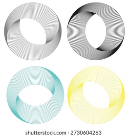 Quatro formas circulares abstratas distintas criadas com linhas em espiral nas paletas de cores preto e branco, azul-petróleo e amarelo.