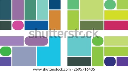 Four distinct abstract mosaic designs composed of various colorful geometric shapes, including rectangles, squares, circles, and ovals, set against a