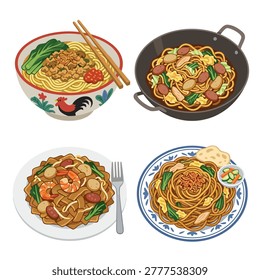Four distinct and appetizing Indonesian noodle street dishes including mie ayam bowl, mie tek tek wok, kwetiau goreng pile, and mie goreng jawa swirl.