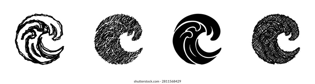 Four distinct artistic interpretations of a breaking wave, ranging from sketchy outlines to solid silhouettes, symbolizing the power and beauty of the ocean