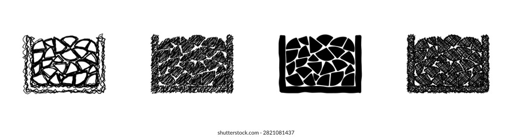 Four distinct artistic interpretations of chopped wood neatly arranged within simple wooden crates, showcasing different sketching styles