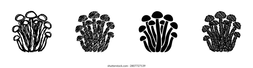 Four distinct artistic interpretations of a cluster of mushrooms, ranging from hand-drawn sketches to solid silhouettes, showcasing different visual styles for a single subject