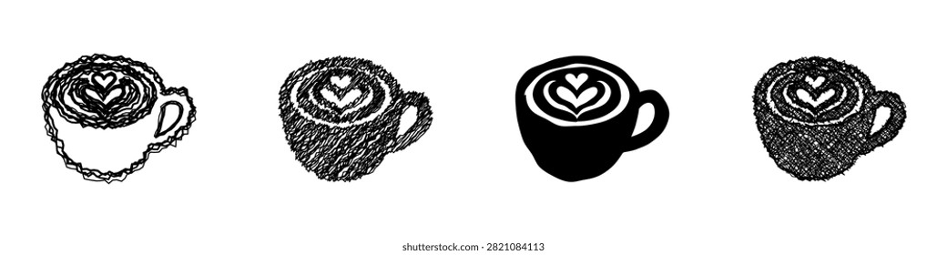 Four distinct artistic interpretations of a coffee cup featuring latte art in the shape of hearts, showcasing different drawing techniques