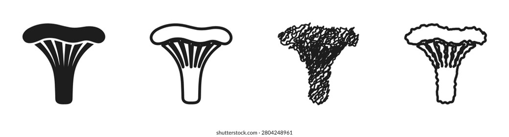 Four distinct artistic representations of the chanterelle mushroom, ranging from solid silhouette to sketched outlines