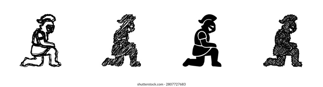 Four distinct artistic representations of a Roman legionary in a kneeling pose, showcasing varied sketch and silhouette techniques