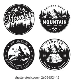 Four distinct badge designs featuring mountainous landscapes and adventure themes suitable for camping and outdoor exploration. Each badge highlights exploration and nature.