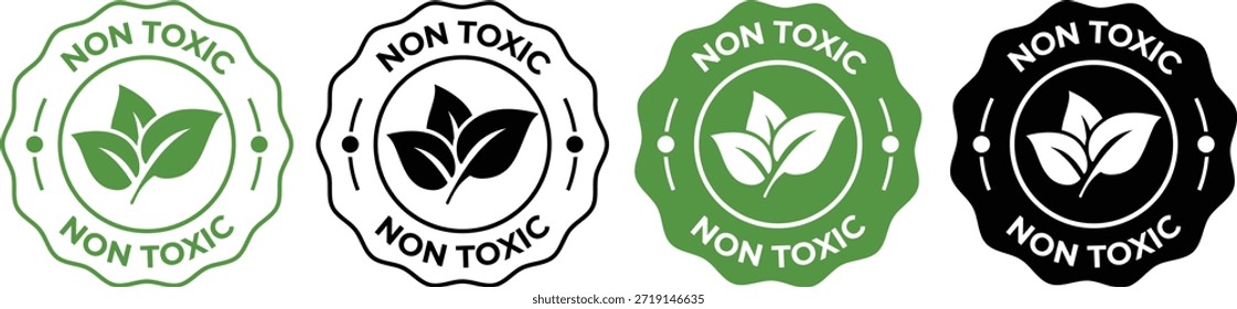 Four distinct badges featuring a leaf design, each with a unique color scheme and 'Non Toxic' text, on a white background.