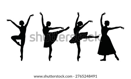 Four distinct ballet dancer silhouettes showcase flowing lines and dynamic poses, emphasizing artistry and motion.