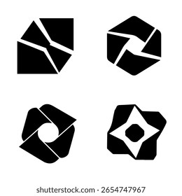 Four distinct black abstract geometric logos are presented against a white background. Each logo features sharp lines and shapes, suggesting concepts of aperture, opening, or dynamic movement.