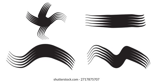 Cuatro diseños distintos de pinceladas negras, cada uno con una forma y textura únicas, presentadas sobre un fondo blanco limpio.
