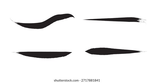 Four distinct black brush stroke elements, isolated on a white background, showcasing varied shapes and textures.