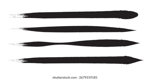 Cuatro pinceladas negras distintas, que varían en forma y grosor, se muestran sobre un fondo blanco.