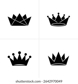 Four distinct black crown silhouettes presented as vector graphics on a white background, divided into four quadrants. Each crown has a unique style. 162 characters.
