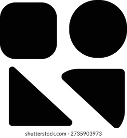 Four distinct black geometric shapes are arranged in a grid against a white background. The shapes include a rounded square, a circle, a right-angled triangle with rounded corners, and a quarter circle.