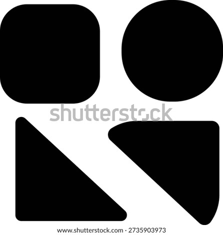 Four distinct black geometric shapes are arranged in a grid against a white background. The shapes include a rounded square, a circle, a right-angled triangle with rounded corners, and a quarter circle.