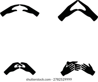 Four distinct black hand gesture displayed on a white background, featuring various finger and palm positions that form shapes, representing communication, unity, and supportive gestures.