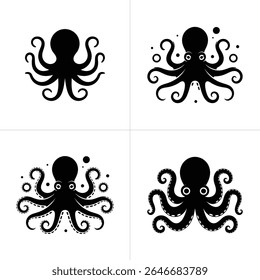 Four distinct black octopus silhouettes are displayed against a white backdrop. The illustrations showcase varying tentacle designs, some with eyes, others with bubble accents.