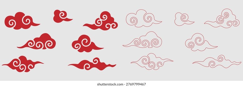 Four distinct black outline cloud illustrations featuring elegant swirls and traditional Asian inspired styling on white