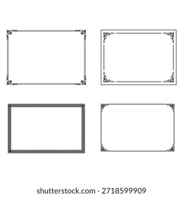 Four distinct black outline rectangular frames featuring elegant, ornate, dotted, and geometric corner decorations. Ideal for certificates or invitations.