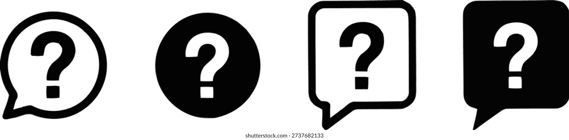 Four distinct black question mark icons in speech bubbles and circles, signifying queries, help, or information.