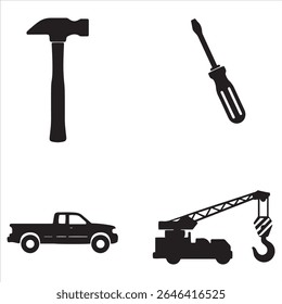 Four distinct black shapes representing tools and vehicles on a white background.