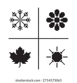 Four distinct black shapes snowflake flower leaf and sun symbol