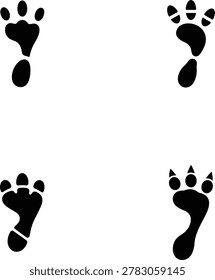 Four distinct black silhouette of various animal footprints and paw tracks on a white background, representing different wildlife species for tracking, nature study, and