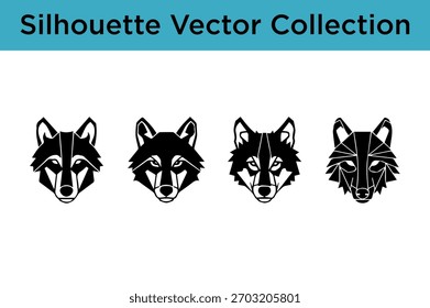 Four distinct black silhouette vector illustrations of wolf heads, each with a unique geometric design.