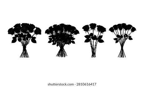 Four distinct black silhouettes of trees, showcasing different shapes and foliage patterns, arranged in a row on a white background.
